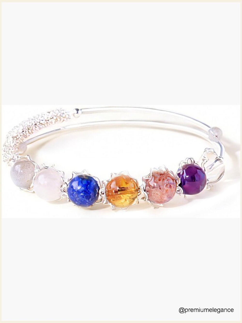 Natural Crystal Round Bead Bracelet, Silver Adjustable Wristband